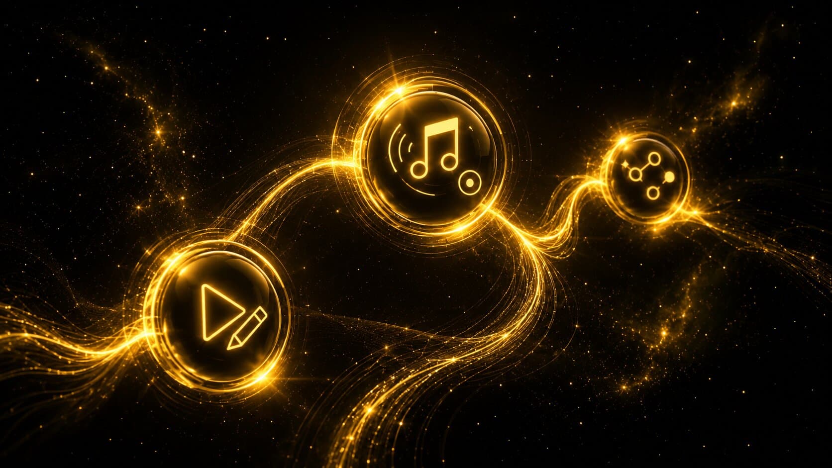 Glowing music icons linked along a light trail