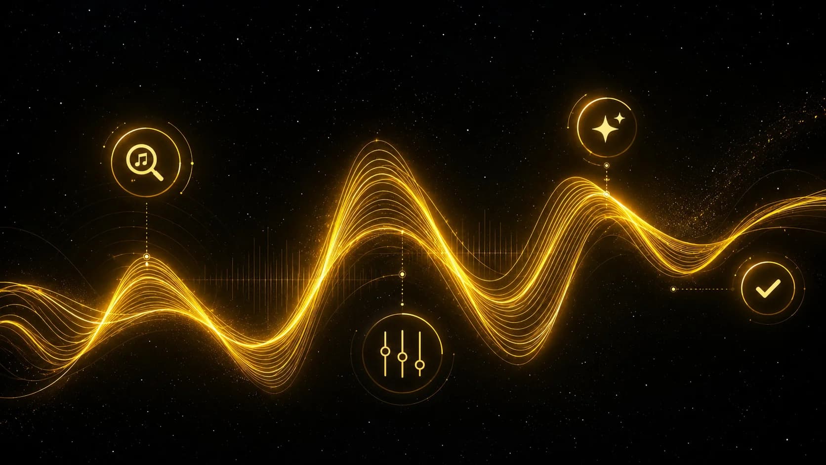 Golden audio waves connecting music discovery, sound shaping, and creator-ready output